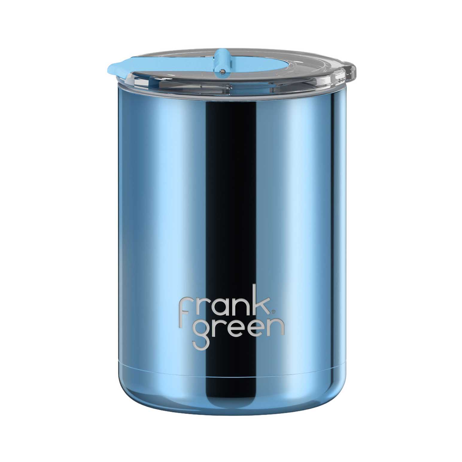 frank green 12oz Coffee Cup w Hinged Screw Lid Chrome Light Blue